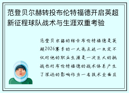 范登贝尔赫转投布伦特福德开启英超新征程球队战术与生涯双重考验