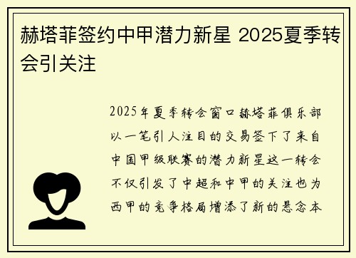赫塔菲签约中甲潜力新星 2025夏季转会引关注